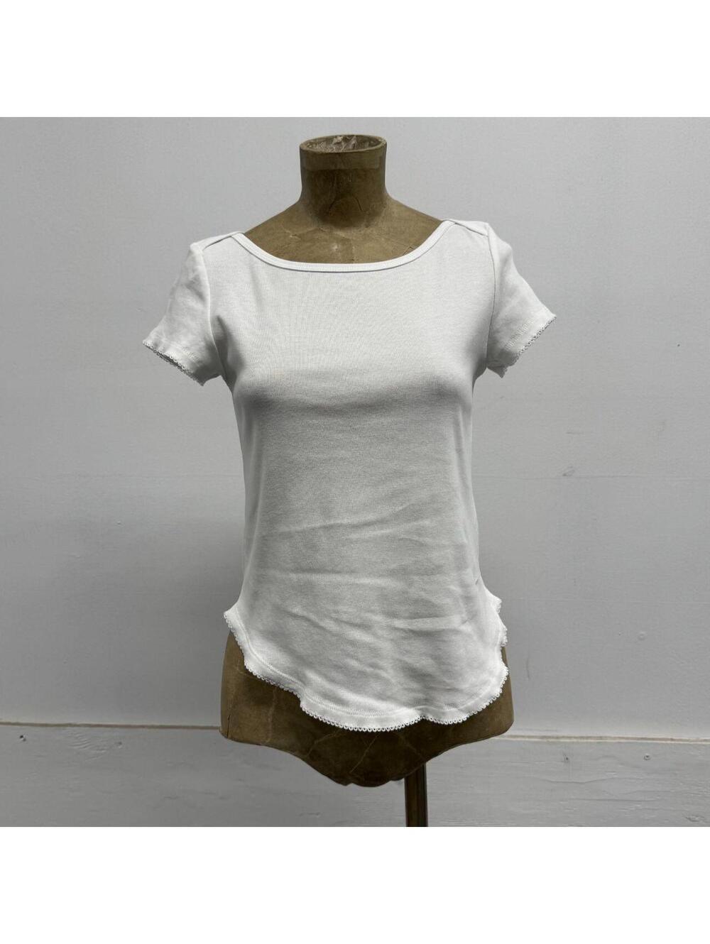 White Ribbed Cotton Picot-Trim Scoop-Neck Curved Hem Baby Tee